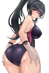  1girl absurdres ass bare_shoulders black_hair black_swimsuit blush breasts brown_eyes competition_swimsuit cowboy_shot eyebrows_visible_through_hair gloves hair_between_eyes hands_on_own_thighs highres kantai_collection kihou_no_gotoku_dmc large_breasts long_hair looking_back one-piece_swimsuit open_mouth ponytail simple_background solo swimsuit very_long_hair white_background white_gloves yahagi_(kancolle) 