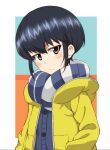  1girl alternate_hair_length alternate_hairstyle bangs black_hair blue_cardigan blue_scarf blush brown_eyes cardigan casual closed_mouth coat commentary_request eyebrows_visible_through_hair frown girls_und_panzer hood hood_down hooded_coat kayabakoro looking_at_viewer no_hairband outside_border reizei_mako scarf short_hair solo striped striped_scarf upper_body winter_clothes yellow_coat 