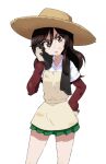  1girl apron bangs belle_(girls_und_panzer) black_shirt brown_headwear collared_shirt commentary cowboy_shot dirty dirty_clothes dirty_face frown girls_und_panzer green_skirt hand_in_hair hand_on_hip hat kayabakoro layered_sleeves long_hair long_sleeves looking_at_viewer miniskirt open_mouth pleated_skirt shirt short_over_long_sleeves short_sleeves skirt solo standing straw_hat sun_hat v-shaped_eyebrows white_shirt yellow_apron 