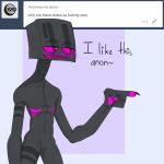  black_body blush claws deuzion dialogue enderman endertwinks gesture hi_res humanoid male markings microsoft minecraft mojang pawpads pointing purple_markings purple_pawpads purple_sclera tumblr video_games xbox_game_studios 