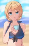  1girl absurdres bangs beach bikini blonde_hair blue_bikini blue_eyes blue_sky bow bow_bikini braid breasts cleavage cloud cloudy_sky commentary cup darjeeling_(girls_und_panzer) day english_commentary eyebrows_visible_through_hair girls_und_panzer halterneck highres holding holding_cup horizon looking_at_viewer medium_breasts naisu_(nai_su01) ocean open_mouth outdoors short_hair sky smile solo swimsuit teacup tied_hair twin_braids upper_body 
