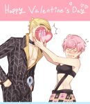  1boy 1girl ^^^ absurdres blonde_hair blush candy chocolate covering_face food formal gift heart heart-shaped_chocolate highres holding holding_gift jewelry jojo_no_kimyou_na_bouken midriff necklace pink_hair prosciutto short_hair skirt suit trish_una valentine vento_aureo yepnean 