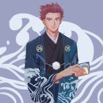  1boy black_kimono blue_jacket closed_mouth commentary_request eiz_pm fingernails grey_background grey_eyes highres holding jacket japanese_clothes kimono lance_(pokemon) male_focus new_year official_alternate_costume open_clothes open_jacket pokemon pokemon_(game) pokemon_masters_ex red_hair short_hair sideways_glance smile solo spiked_hair wave_print 