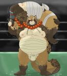  2022 anthro asian_clothing belly blush bodily_fluids brown_body bulge canid canine clothing cum duo east_asian_clothing fighting_ring fundoshi gantogan1216 genital_fluids gyobu hi_res humanoid_hands japanese_clothing kemono lifewonders male mammal moobs nipples overweight overweight_male raccoon_dog scar tanuki tokyo_afterschool_summoners underwear video_games white_clothing white_fundoshi white_underwear wrestling 