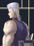  1boy arrow_(jojo) bare_shoulders biceps earrings jean_pierre_polnareff jewelry jojo_no_kimyou_na_bouken male_focus profile solo vento_aureo wheelchair yepnean 