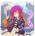  1girl blush brown_hair closed_mouth cross-laced_clothes dress eyebrows_visible_through_hair gradient_hair hair_between_eyes hijiri_byakuren ini_(inunabe00) juliet_sleeves layered_dress long_hair long_sleeves multicolored_hair puffy_sleeves purple_hair scroll smile solo sorcerer&#039;s_sutra_scroll touhou turtleneck_dress white_dress yellow_eyes 