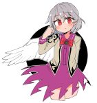  1girl beige_jacket blush cowboy_shot cropped_legs dress eyebrows_visible_through_hair feathered_wings grey_hair hair_between_eyes ini_(inunabe00) jacket kishin_sagume long_sleeves open_clothes open_jacket parted_lips purple_dress red_eyes short_hair single_wing solo touhou white_wings wings 