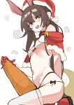  1girl :d amiya_(arknights) animal_ears arknights arm_behind_back artist_request bangs bare_shoulders bikini blue_eyes blush breasts brown_hair capelet christmas eyebrows_visible_through_hair from_side gloves hat heart kneeling long_hair looking_at_viewer looking_to_the_side micro_bikini navel rabbit_ears red_bikini red_capelet red_gloves red_headwear santa_hat simple_background small_breasts smile solo stomach swimsuit thighhighs underboob very_long_hair white_background white_bikini white_legwear 