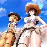  2girls absurdres adjusting_clothes adjusting_headwear ass bangs belle_(girls_und_panzer) belt black_belt black_hair black_headwear blonde_hair blue_sky blurry blurry_background breasts brown_belt brown_headwear closed_mouth cloud cloudy_sky commentary_request cowboy_hat day depth_of_field from_behind front-tie_top frown fundoshi girls_und_panzer glaring gloves green_eyes grey_gloves gun hand_on_hip hat highres hiyama_yuu_(wee259hiyama) holster holstered_weapon jane_(girls_und_panzer) japanese_clothes lens_flare long_hair looking_at_viewer looking_back looking_down medium_breasts multiple_girls navel outdoors partial_commentary purple_eyes revolver shirt short_hair sky sleeveless sleeveless_shirt sleeves_rolled_up smile standing weapon white_shirt 
