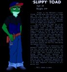  2011 anthro brown_hair clothed clothing english_text fredryk_phox fully_clothed hair hand_on_hip hat headgear headwear multicolored_body nintendo simple_background slippy_toad star_fox star_fox_the_animated_series text toad_(disambiguation) tool_belt two_tone_body video_games 