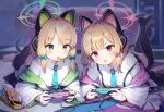  2girls blonde_hair blue_archive blurry blurry_background cat_ear_headphones commentary_request couch green_eyes halo headphones highres jacket jehyun midori_(blue_archive) momoi_(blue_archive) multiple_girls necktie playing_games red_eyes school_uniform short_hair siblings twins 