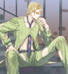  1boy blonde_hair chin_stroking jojo_no_kimyou_na_bouken male_focus midriff necktie pannacotta_fugo purple_eyes sitting solo spread_legs stairs vento_aureo yepnean 