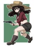  1girl aiming belle_(girls_und_panzer) black_footwear black_hair black_skirt boots brown_eyes brown_headwear commentary_request cowboy_boots front-tie_top frown girls_und_panzer gloves green_background grey_gloves gun hat holding holding_gun holding_weapon long_hair long_sleeves looking_to_the_side midriff miniskirt navel outline outside_border parted_lips partial_commentary purple_shirt revolver shirt skirt solo spurs standing straw_hat takahashi_kurage thigh_strap weapon white_outline 