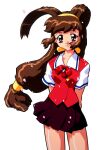  1990s_(style) 1girl antenna_hair arms_behind_back bangs battle_athletes brown_hair cherry_blossoms cowboy_shot highres kanzaki_akari long_hair low-tied_long_hair miniskirt official_art pleated_skirt red_eyes red_skirt retro_artstyle school_uniform short_sleeves simple_background skirt smile solo white_background 
