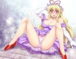  1girl bangs blonde_hair bow bow_panties breasts cleavage commentary_request commission dress elbow_gloves eyebrows_visible_through_hair fallen_down gloves hair_between_eyes hat hat_ribbon high_heels large_breasts long_hair m_legs mob_cap mono_(moiky) open_mouth panties purple_dress purple_panties red_eyes red_footwear red_ribbon ribbon sidelocks skeb_commission solo spread_legs surprised sweat touhou underwear upskirt v-shaped_eyebrows white_background yakumo_yukari 