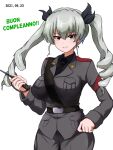  1girl anchovy_(girls_und_panzer) anzio_military_uniform armorganger bangs belt black_necktie closed_mouth cowboy_shot dated drill_hair eyebrows_visible_through_hair girls_und_panzer green_hair grey_pants hand_on_hip happy_birthday highres holding italian_text long_hair looking_at_viewer necktie pants red_eyes riding_crop sam_browne_belt simple_background smile solo standing twin_drills twintails white_background 