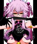  1girl animal_ear_fluff animal_ears bangs black_gloves breasts chinese_clothes closed_fan commentary_request eyelashes fate/grand_order fate_(series) folding_fan fox_ears fox_girl glasses gloves gradient_hair hair_between_eyes half-closed_eyes hand_fan holding holding_fan kaeruyama_yoshitaka koyanskaya_(fate) large_breasts looking_at_viewer multicolored_hair open_mouth purple_hair simple_background sleeveless solo tamamo_(fate) tassel two-tone_background yellow_eyes 