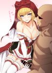  1boy 1girl bangs bare_shoulders black_skirt blonde_hair blue_eyes blush breasts cleavage collarbone dress elbow_gloves erection gloves handjob hetero highres idunn_(megami_tensei) large_breasts layered_skirt open_mouth penis red_dress red_hood shin_megami_tensei shin_megami_tensei_v short_hair skirt smile thighhighs thighs translation_request white_gloves white_legwear white_skirt whoosaku 