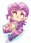  1boy blush freckles highres holding holding_phone jojo_no_kimyou_na_bouken king_crimson_(stand) long_hair male_focus midriff octopus phone purple_hair purple_shirt shirt sitting sky_kiki stand_(jojo) stuffed_animal stuffed_octopus stuffed_toy sweater vento_aureo vinegar_doppio yellow_eyes 