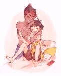  2boys :d antenna_hair ash_ketchum bangs barefoot blush brown_hair brown_shorts catsubun_(kkst0904) closed_eyes commentary dark-skinned_male dark_skin grin highres jewelry kiawe_(pokemon) male_focus multiple_boys necklace open_mouth pikachu pillow pokemon pokemon_(anime) pokemon_(creature) pokemon_sm_(anime) red_hair ruffling_hair shirt short_hair short_sleeves shorts sitting smile t-shirt teeth toes tongue topless_male upper_teeth white_shirt 