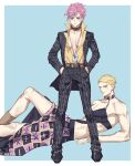  1boy 1girl bare_shoulders blonde_hair blue_eyes boots breasts cleavage cosplay costume_switch formal jewelry jojo_no_kimyou_na_bouken leaning midriff necklace pink_hair plunging_neckline prosciutto prosciutto_(cosplay) shirt short_hair skirt suit trish_una trish_una_(cosplay) vento_aureo yellow_shirt yepnean 