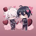  2boys ahoge android bangs black_jacket black_pants blush box brown_eyes buttons candy cheer_(cheerkitty14) chibi chocolate closed_eyes closed_mouth danganronpa_(series) danganronpa_v3:_killing_harmony english_commentary food full_body gift gift_box gradient gradient_background grey_hair heart heart-shaped_chocolate holding jacket keebo lowres medium_hair multiple_boys outline pants pink_background power_armor saihara_shuuichi short_hair standing striped striped_jacket striped_pants valentine white_outline yaoi 