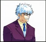  1boy ace_attorney aliasing alternate_costume bangs black-framed_eyewear black_border blue_hair blue_necktie border chinese_commentary clenched_teeth collared_shirt commentary_request derivative_work eyebrows_visible_through_hair fake_screenshot formal gintama glasses godzillapigeon1 half-closed_eyes jacket male_focus necktie purple_jacket sakata_gintoki shirt short_hair simple_background solo suit sweat teeth v-shaped_eyebrows white_background yellow_shirt 