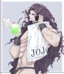  1boy bag battle_tendency bracer cd cellphone drink holding holding_phone horns jojo_no_kimyou_na_bouken kaku_seiga kars_(jojo) long_hair male_focus muscular muscular_male phone shopping_bag solo topless_male wavy_hair yepnean 