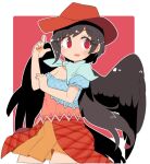  1girl bandana black_hair black_wings blue_bandana blue_shirt blush border brown_headwear brown_skirt cowboy_hat cowboy_shot cropped_legs eyebrows_visible_through_hair feathered_wings hat ini_(inunabe00) kurokoma_saki open_mouth pegasus_wings red_eyes shirt short_hair short_sleeves skirt smile solo touhou white_border wings 