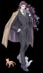  1boy alternate_costume animal animalization battle_tendency cat esidisi facial_mark formal full_body gloves hand_in_pocket highres holding holding_animal holding_cat horns jacket jacket_on_shoulders jojo_no_kimyou_na_bouken kars_(jojo) kitten long_hair male_focus necktie purple_gloves santana_(jojo) solo standing suit wamuu wavy_hair yepnean 