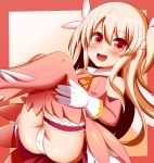  1girl blonde_hair fate/kaleid_liner_prisma_illya fate_(series) feather_hair_ornament feathers hair_ornament highres illyasviel_von_einzbern layered_gloves magical_girl open_mouth panties pink_feathers pink_footwear pink_sleeves prisma_illya red_eyes solo underwear xialu_zajin 