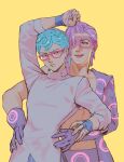  2boys blue_hair domino_mask fingerless_gloves ghiaccio glasses gloves grabbing_another&#039;s_hair jojo_no_kimyou_na_bouken long_hair male_focus mask melone multiple_boys purple_hair red-framed_eyewear vento_aureo yepnean 