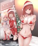  1girl 2girls ^_^ bell bikini black_choker breasts child choker christmas christmas_ornaments christmas_tree cleavage closed_eyes closed_mouth collarbone double_v embarrassed hat highres holding holding_sign jingle_bell large_breasts looking_to_the_side multiple_girls multiple_views navel neck_bell original red_eyes red_hair santa_bikini santa_costume santa_hat side-tie_bikini sign strap_gap swimsuit take_(trude1945oneetyan) taking_picture v 
