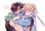  2boys ^_^ battle_tendency blonde_hair blue_jacket blush brown_hair caesar_anthonio_zeppeli closed_eyes facial_mark fingerless_gloves gloves green_eyes headband heart highres hug jacket jojo_no_kimyou_na_bouken joseph_joestar joseph_joestar_(young) male_focus mask multiple_boys pushing_away pushing_face scarf sky_kiki spoken_heart striped striped_scarf sweat wing_hair_ornament 