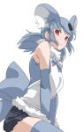  1girl absurdres animal_ears bare_shoulders between_legs brown_eyes commentary elbow_gloves extra_ears eyebrows_visible_through_hair fur_collar gloves grey_gloves grey_hair grey_legwear hand_between_legs highres kemono_friends koala_(kemono_friends) long_hair looking_at_viewer low_twintails parted_lips simple_background sleeveless solo tanabe_(fueisei) thighhighs twintails white_background 