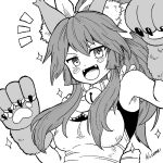  1girl animal_ear_fluff animal_ears animal_hands apron artist_name bangs bare_shoulders bell blush breasts collar commentary eyebrows_visible_through_hair fangs fate/grand_order fate_(series) fox_ears fox_girl greyscale hair_between_eyes kusama_takato long_hair looking_at_viewer monochrome neck_bell notice_lines open_mouth ponytail signature solo sparkle tamamo_(fate) tamamo_cat_(fate) upper_body 