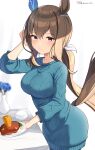  1girl admire_vega_(umamusume) animal_ears aran_sweater arm_up bangs blue_flower blue_rose blue_sweater blurry blurry_background blush breasts brown_hair carrot closed_mouth commentary_request dated depth_of_field dress eyebrows_visible_through_hair flower hair_between_eyes hair_ribbon hamburger_steak highres hirota_fruit holding holding_plate horse_ears horse_girl horse_tail long_hair looking_at_viewer low_ponytail medium_breasts plate ponytail purple_eyes ribbon rose smile solo sweater sweater_dress tail twitter_username umamusume vase very_long_hair white_ribbon 