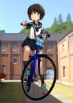  :o absurdres bicycle black_hair black_legwear blue_sailor_collar blue_skirt bokukawauso brown_eyes commentary_request green_footwear grey_footwear ground_vehicle highres kantai_collection medium_hair miyuki_(kancolle) open_mouth outdoors pleated_skirt riding_bicycle sailor_collar school_uniform serafuku shoes short_sleeves sidelocks skirt sneakers subprocedure 