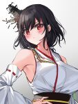  1girl bare_shoulders black_hair blush breasts detached_sleeves eyebrows_visible_through_hair floral_print gradient gradient_background hair_ornament hair_ribbon highres japanese_clothes kantai_collection large_breasts nontraditional_miko red_eyes remodel_(kantai_collection) ribbon short_hair signature solo upper_body wide_sleeves yamashiro_(kancolle) youmou_usagi 