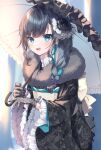  1girl :d absurdres aqua_hair back_bow black_hair blurry blurry_background bow braid checkered_bow checkered_clothes commentary_request eyebrows_visible_through_hair frilled_sleeves frills fur_trim gloves highres holding holding_umbrella lace lace_gloves light_blue_eyes looking_at_viewer medium_hair mochizuki_mochi multicolored_hair open_mouth original side_braid smile solo standing umbrella upper_body 
