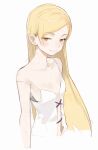  1girl bare_shoulders blonde_hair blush collarbone dress eyebrows_visible_through_hair forehead hair_ornament hairclip highres kiss-shot_acerola-orion_heart-under-blade kizumonogatari long_hair looking_at_viewer monogatari_(series) orange_eyes oshino_shinobu rrr_ato sketch sleeveless spaghetti_strap strap_slip vampire white_dress 