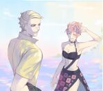  1boy 1girl ^_^ blonde_hair blue_eyes breasts cleavage closed_eyes holding holding_clothes holding_jacket jacket jacket_removed jojo_no_kimyou_na_bouken midriff pink_hair prosciutto shirt short_hair skirt t-shirt trish_una vento_aureo yellow_shirt yepnean 