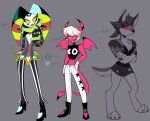  2021 absurd_res anthro canid canid_demon chizitx crossgender demon feathers female ftm_crossgender hair harlequin hellhound helluva_boss hi_res horn male mammal midriff mtf_crossgender red_eyes red_sclera robo_fizzarolli simple_background spade_tail tail_feathers verosika_mayday_(helluva_boss) vortex_(helluva_boss) white_body white_eyes white_feathers white_hair 