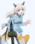  1girl animal_ears blue_background blue_eyes blush breasts eila_ilmatar_juutilainen fox_ears fox_tail gun highres long_hair looking_at_viewer medium_breasts military military_uniform open_mouth rifle shiny shiny_hair silver_hair simple_background solo strike_witches striker_unit tail tomitsuka uniform weapon world_witches_series 
