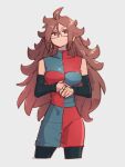  1girl android_21 breasts brown_eyes brown_hair checkered_clothes checkered_dress dragon_ball dragon_ball_fighterz dress earrings glasses grey_background hair_between_eyes hoop_earrings jewelry kemachiku long_hair medium_breasts simple_background solo 