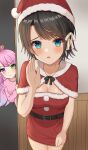  2girls :t absurdres aqua_eyes bangs belt black_belt breasts brown_hair christmas cleavage collarbone commentary_request crown dress eyebrows_visible_through_hair fur_trim gradient_hair green_eyes hair_ribbon hand_up hat heterochromia highres himemori_luna hisui_(user_zvkr2432) hololive long_hair looking_at_viewer mini_crown multicolored_hair multiple_girls oozora_subaru open_mouth peeking pink_hair purple_eyes red_dress red_headwear ribbon santa_costume santa_hat short_hair swept_bangs virtual_youtuber wavy_hair white_ribbon 