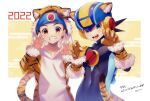  2022 2boys animal_costume animal_ears animal_hood animal_print blue_bodysuit blue_headband bodysuit brown_eyes brown_hair chinese_zodiac claw_pose fake_animal_ears fingerless_gloves gloves green_eyes happy_new_year headband helmet highres hood male_focus mega_man_(series) mega_man_battle_network multiple_boys new_year open_mouth orange_gloves short_hair smile tail teeth tiger_costume tiger_ears tiger_hood tiger_print tiger_tail twitter_username year_of_the_tiger zero-go 