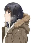  1girl artist_name black_hair blush breath brown_eyes fur-trimmed_hood fur_trim hood jacket knit_sweater mattaku_mousuke medium_hair original snow solo upper_body watermark 