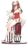  1girl absurdres bangs blush breasts brown_hair china_dress chinese_clothes cleavage cloba demon_horns dress hair_ribbon high_heels highres horns large_breasts long_hair looking_at_viewer original red_eyes ribbon sitting smile solo thighs twintails 