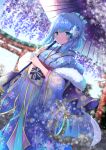  1girl absurdres blue_eyes blue_hair blue_kimono blush closed_mouth commentary_request floral_print flower highres holding holding_umbrella japanese_clothes kimono long_sleeves looking_at_viewer oil-paper_umbrella original pointy_ears print_kimono purple_flower purple_umbrella shibakame sidelocks smile solo torii umbrella wide_sleeves wisteria 
